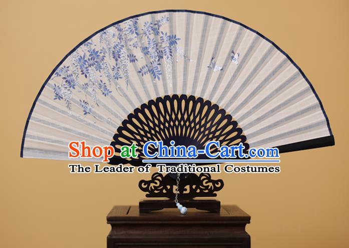 Traditional Chinese Crafts Printing Wisteria Folding Fan, China Handmade Classical White Fans for Women
