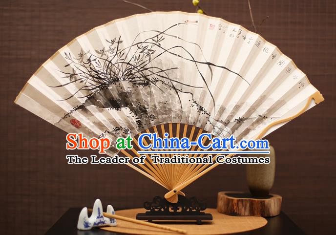 Traditional Chinese Crafts Collectables Autograph Folding Fan, China Handmade Classical Ink Painting Orchid Xuan Paper Fans for Men