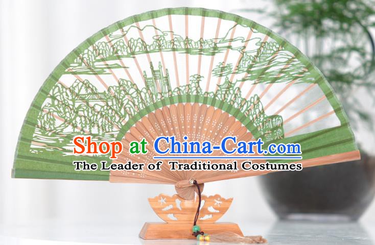 Traditional Chinese Crafts Hand Painting West Lake Scenery Folding Fan, China Handmade Classical Green Silk Fans for Women