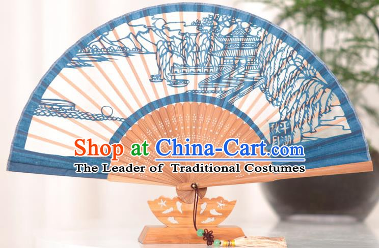 Traditional Chinese Crafts West Lake Scenery Folding Fan, China Handmade Classical Blue Silk Fans for Women