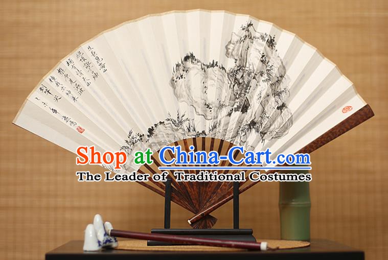Traditional Chinese Crafts Ink Painting Paper Folding Fan, China Handmade Snakewood Fans for Men