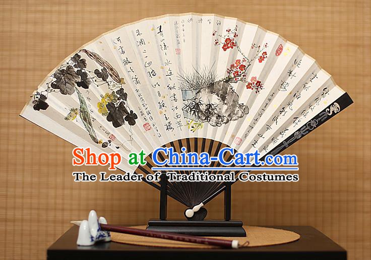 Traditional Chinese Crafts Collectables Autograph Xuan Paper Folding Fan, China Handmade Ink Painting Wintersweet Fans for Men