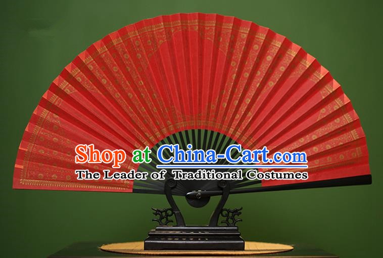 Traditional Chinese Crafts Red Paper Folding Fan, China Handmade Gold Stamping Fans for Men