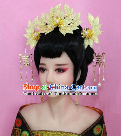 Traditional Chinese Handmade Hair Accessories Princess Hairpins Golden Flower Phoenix Coronet Complete Set for Women