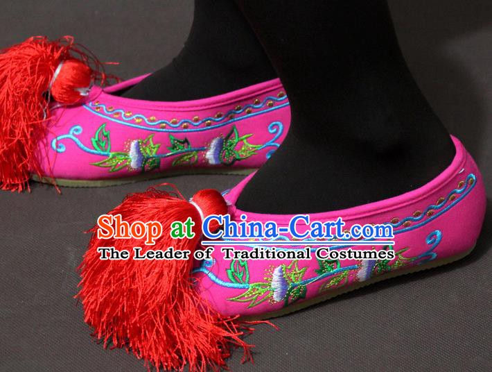 Traditional China Beijing Opera Actress Embroidery Pink Shoes, Chinese Peking Opera Diva Blood Stained Shoes