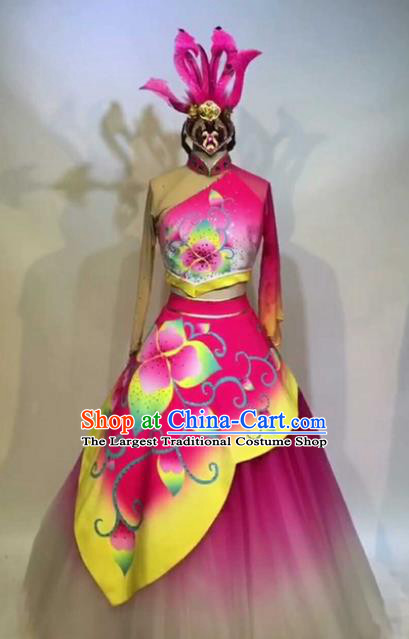 Chinese Traditional Folk Dance Costume Classical Lotus Dance Pink Dress for Women