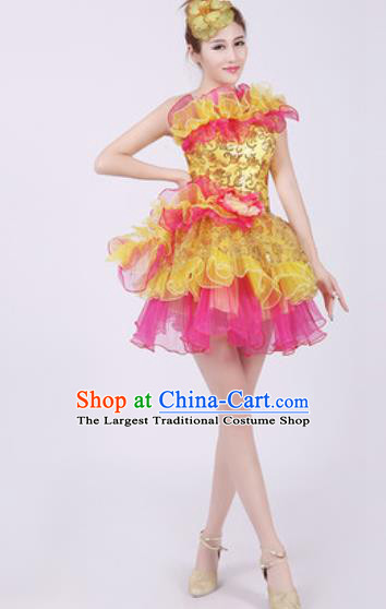 Top Grade Chorus Costume Modern Dance Stage Performance Golden Short Bubble Dress for Women