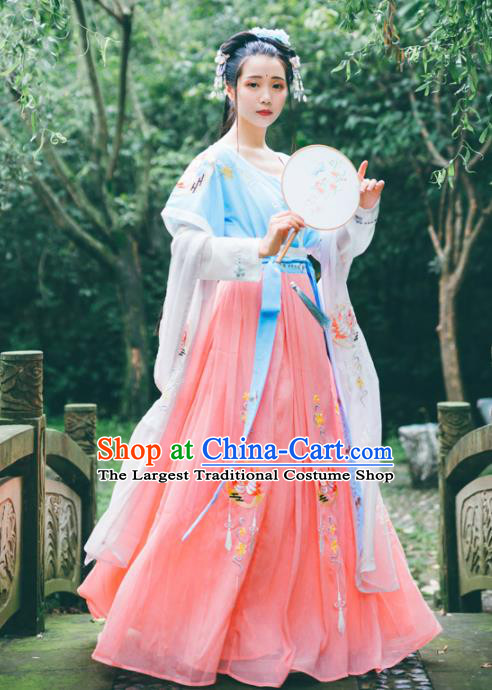 Chinese Ancient Young Lady Embroidered Costumes Tang Dynasty Hanfu Dress for Women