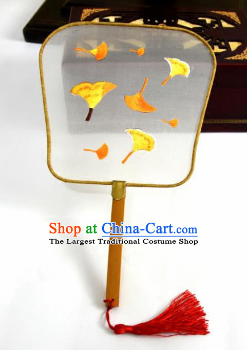 Chinese Ancient Palm-leaf Fans Traditional Embroidered Ginkgo Leaf Palace Fans for Women