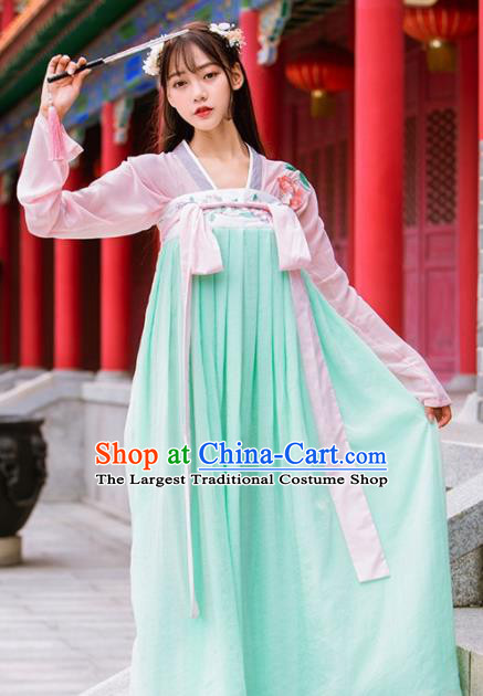 Chinese Ancient Tang Dynasty Nobility Lady Embroidered Costumes Green Hanfu Dress for Rich