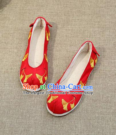 Chinese Ancient Traditional Embroidered Shoes Hanfu Embroidery Ginkgo Red Cloth Shoes for Women