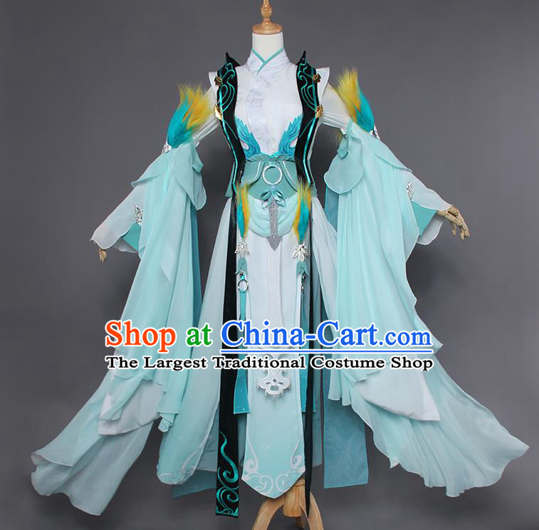Chinese Traditional Cosplay Female Swordsman Costumes Ancient Knight Blue Dress for Women