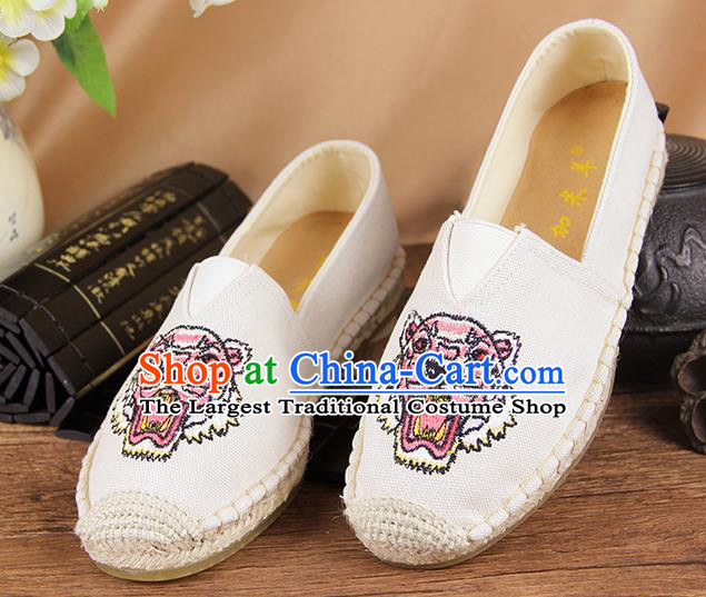 Chinese National Handmade Shoes Traditional Cloth Shoes Embroidery Tiger White Shoes for Women