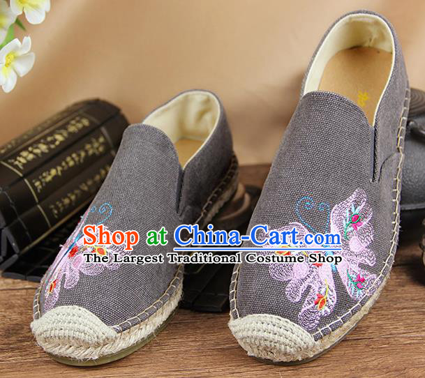 Chinese National Handmade Shoes Traditional Cloth Shoes Embroidery Butterfly Grey Shoes for Women