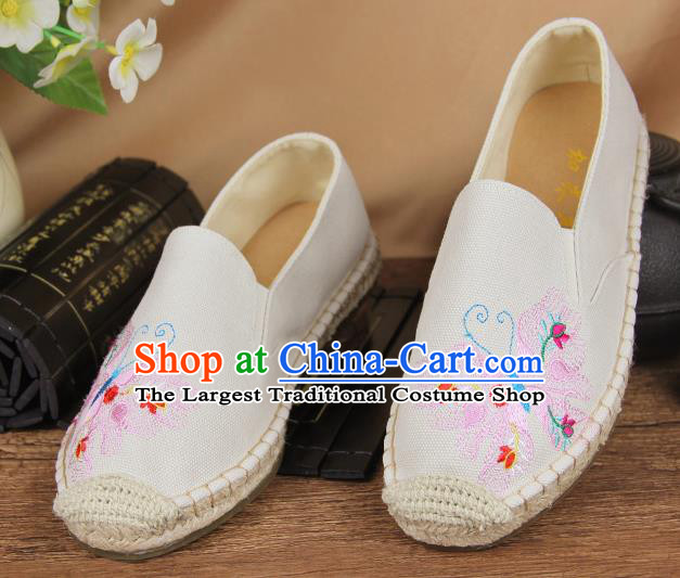 Chinese National Handmade Shoes Traditional Cloth Shoes Embroidery Butterfly White Shoes for Women