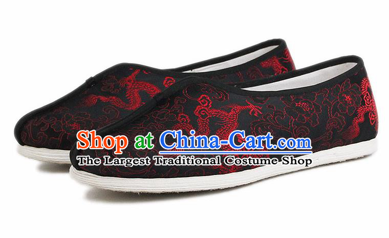 Chinese National Cloth Shoes Traditional Embroidered Dragon Shoes Black Satin Shoes for Men