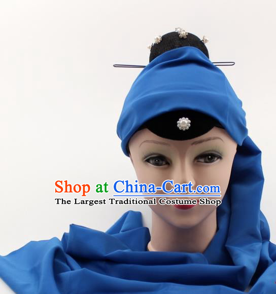Chinese Traditional Peking Opera Pantaloon Hair Accessories Ancient Dowager Countess Blue Headcloth for Women