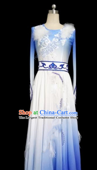 Chinese Traditional Classical Dance Costumes Umbrella Dance Blue Dress for Women