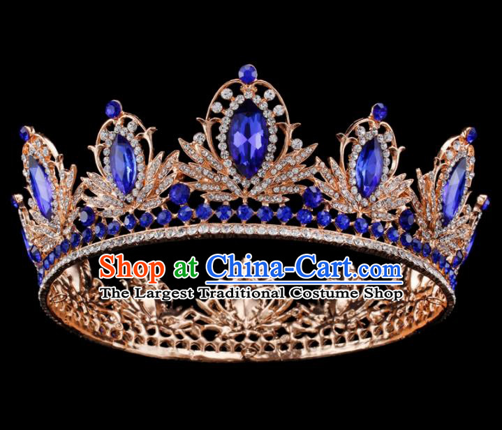 Baroque Style Bride Hair Accessories Princess Retro Blue Crystal Round Royal Crown for Women