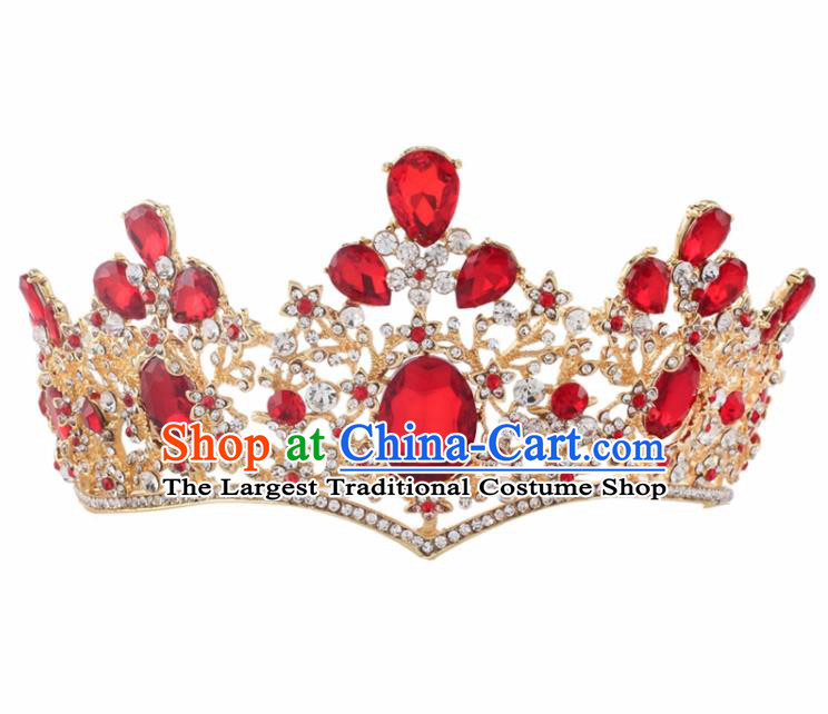 Top Grade Baroque Princess Retro Royal Crown Bride Red Crystal Wedding Hair Accessories for Women