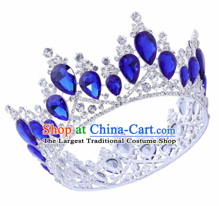 Top Grade Baroque Princess Retro Round Royal Crown Bride Blue Crystal Wedding Hair Accessories for Women