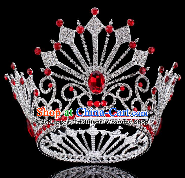 Top Grade Baroque Queen Red Crystal Royal Crown Bride Retro Wedding Hair Accessories for Women