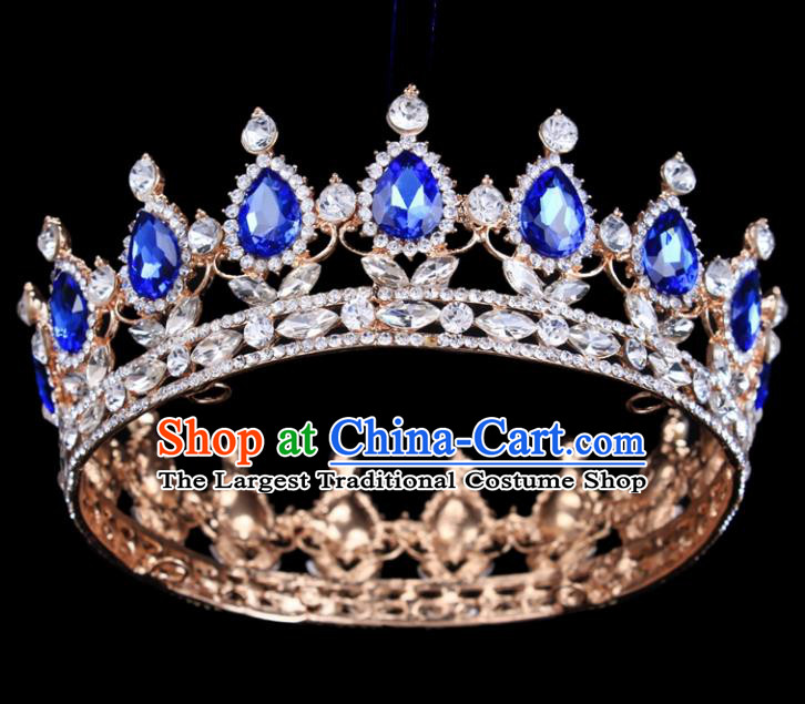 Handmade Wedding Bride Blue Rhinestone Hair Accessories Baroque Queen Retro Golden Royal Crown for Women