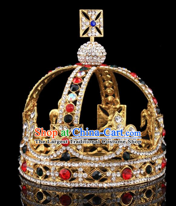 Handmade Top Grade Baroque Queen Crystal Round Royal Crown Bride Retro Wedding Hair Accessories for Women