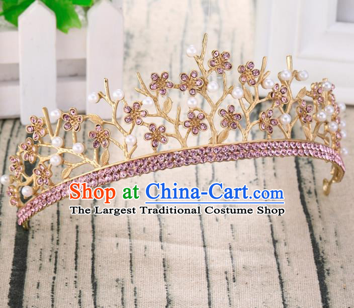 Top Grade Retro Pink Crystal Flowers Royal Crown Baroque Queen Wedding Bride Hair Accessories for Women