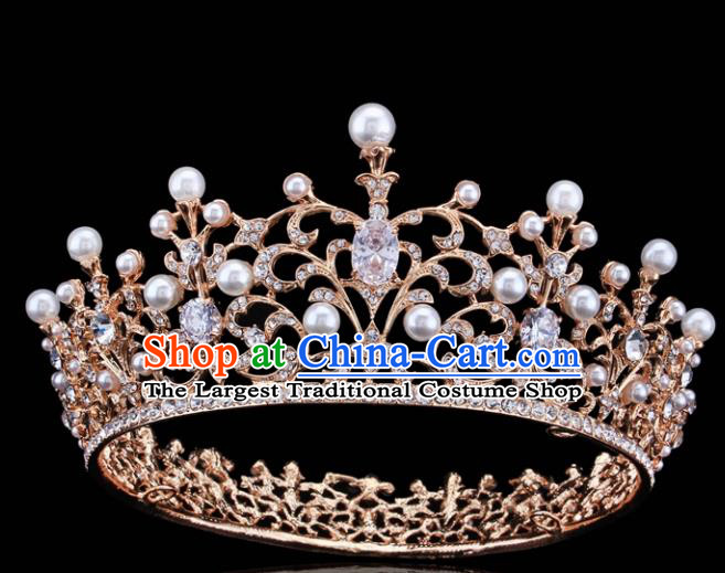 Top Grade Retro Pearls Crystal Golden Royal Crown Baroque Queen Wedding Bride Hair Accessories for Women