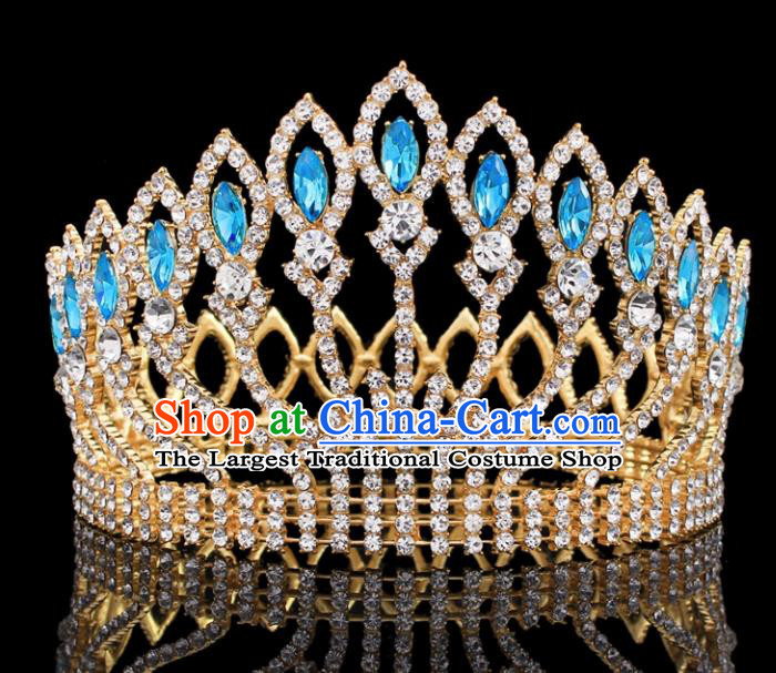 Top Grade Baroque Court Queen Blue Crystal Royal Crown Wedding Bride Hair Accessories for Women