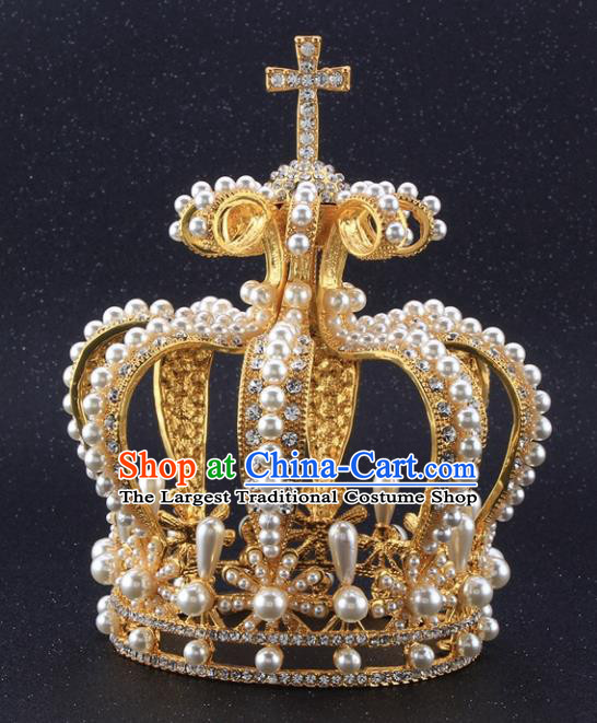 Top Grade Queen Pearls Golden Royal Crown Retro Baroque Wedding Bride Hair Accessories for Women
