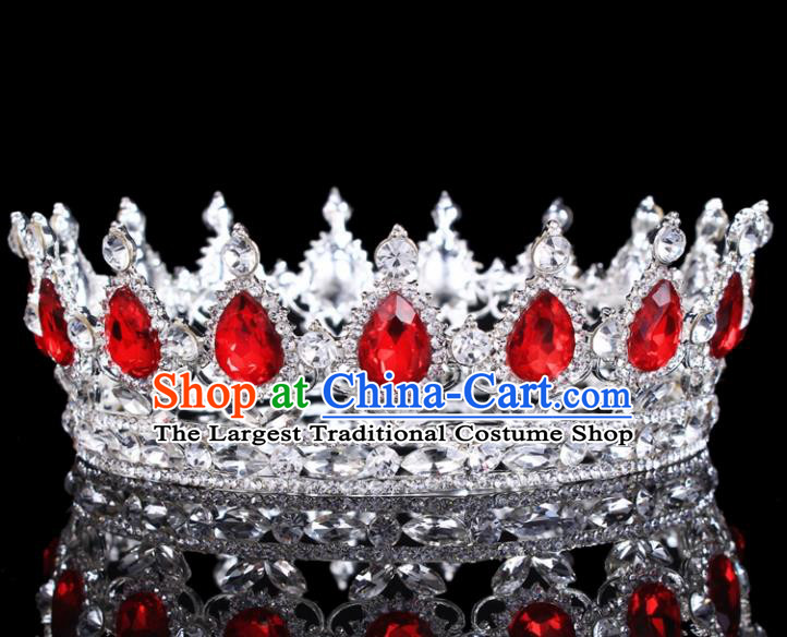 Handmade Bride Wedding Hair Jewelry Accessories Baroque Queen Red Crystal Royal Crown for Women
