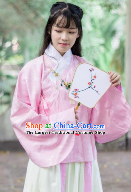 Traditional Chinese Ancient Ming Dynasty Costume Nobility Lady Pink Satin Blouse for Rich Women
