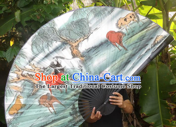 Chinese Traditional Crafts Black Frame Folding Fans Ink Painting Horses Paper Fans