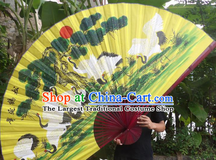 Chinese Traditional Fans Decoration Crafts Red Frame Painting Cranes Folding Fans Yellow Paper Fans