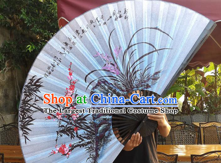 Chinese Traditional Handmade Silk Fans Decoration Crafts Ink Painting Plum Blossom Orchid Bamboo Black Frame Folding Fans