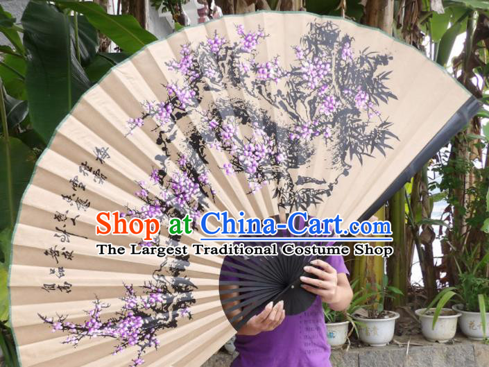 Chinese Traditional Handmade Paper Fans Decoration Crafts Ink Painting Purple Plum Blossom Black Frame Folding Fans