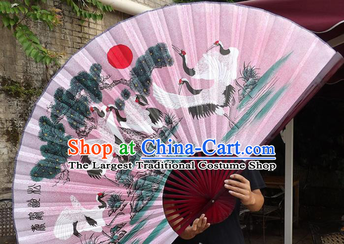 Chinese Traditional Handmade Pink Silk Fans Decoration Crafts Ink Painting Cranes Red Frame Folding Fans