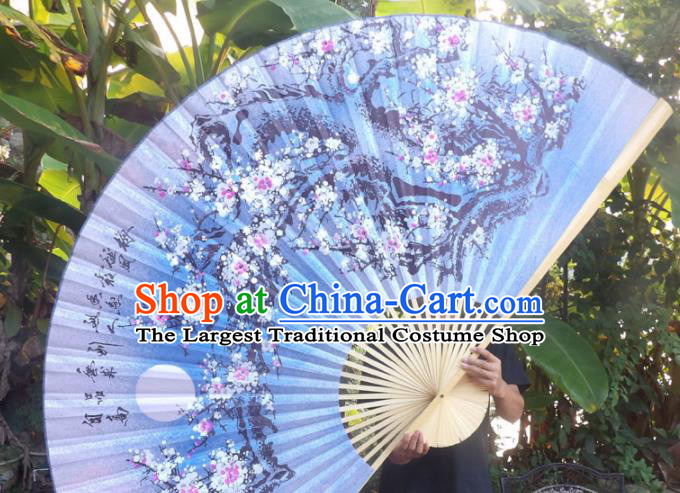 Chinese Traditional Handmade Blue Silk Fans Decoration Crafts Ink Painting Plum Blossom Wood Frame Folding Fans