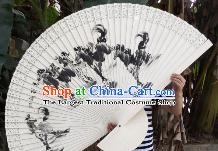 Chinese Traditional Handmade Wood Fans Decoration Crafts Ink Painting Horses Folding Fans