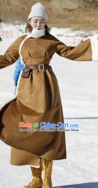 Chinese Traditional Mongol Ethnic Costume Mongolian Minority Nationality Khaki LaLambswool Coat for Women