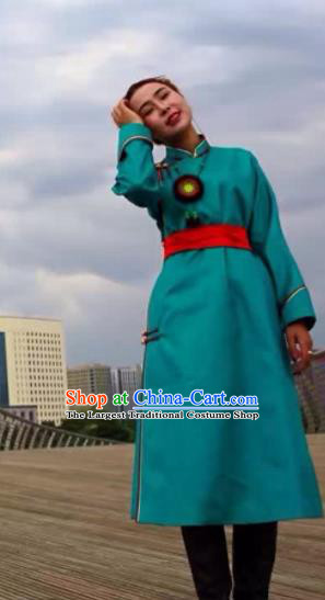 Chinese Mongol Minority Ethnic Costume Traditional Green Brocade Mongolian Robe for Women