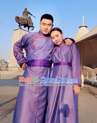 Chinese Mongol Minority Ethnic Costume Traditional Purple Brocade Mongolian Robe for Women for Men