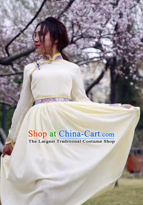 Chinese Mongol Minority Ethnic Costume Traditional Mongolian White Dress for Women
