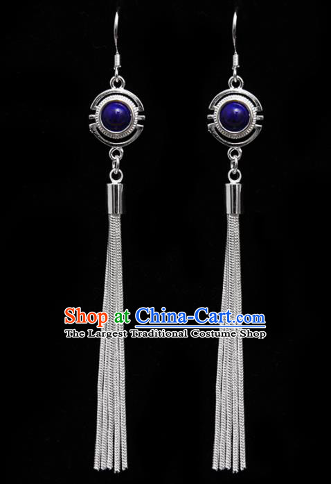 Chinese Traditional Ethnic Tassel Eardrop Jewelry Accessories Mongolian Royalblue Earrings for Women