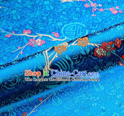 Asian Chinese Blue Brocade Fabric Traditional Plum Blossom Pattern Design Satin Tang Suit Silk Fabric Material