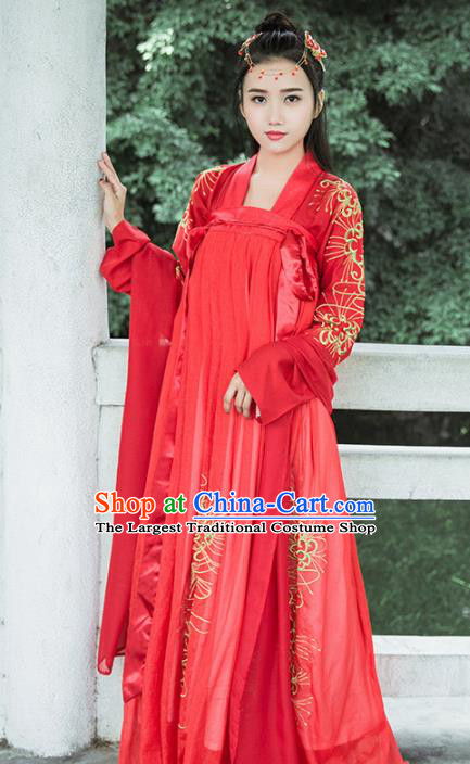 Traditional Chinese Ancient Bride Red Hanfu Dress Tang Dynasty Embroidered Wedding Historical Costumes for Women