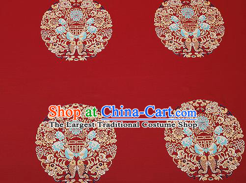 Traditional Chinese Red Satin Brocade Drapery Classical Embroidery Fishes Lotus Pattern Design Cushion Silk Fabric Material