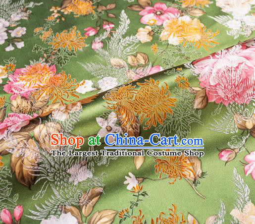 Traditional Chinese Classical Green Satin Brocade Drapery Chrysanthemum Peony Pattern Design Qipao Dress Silk Fabric Material